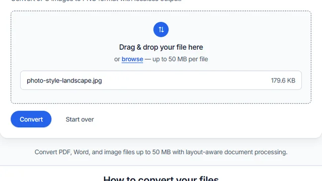 Converttwo upload area showing one selected JPG file