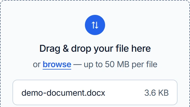 ConvertTwo upload area with a harmless demonstration DOCX selected
